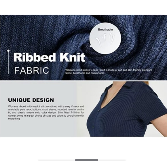 New SSLR V Neck T Shirts for Women Short Sleeve Summer Tops Ribbed Trendy Shirts - Picture 15 of 15